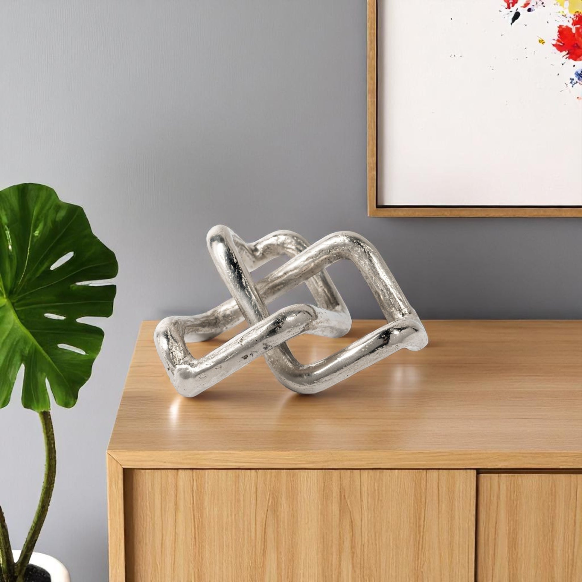 7" Silver Aluminum Geometric Knot Tabletop Sculpture-Sculptures-DECOROLALA