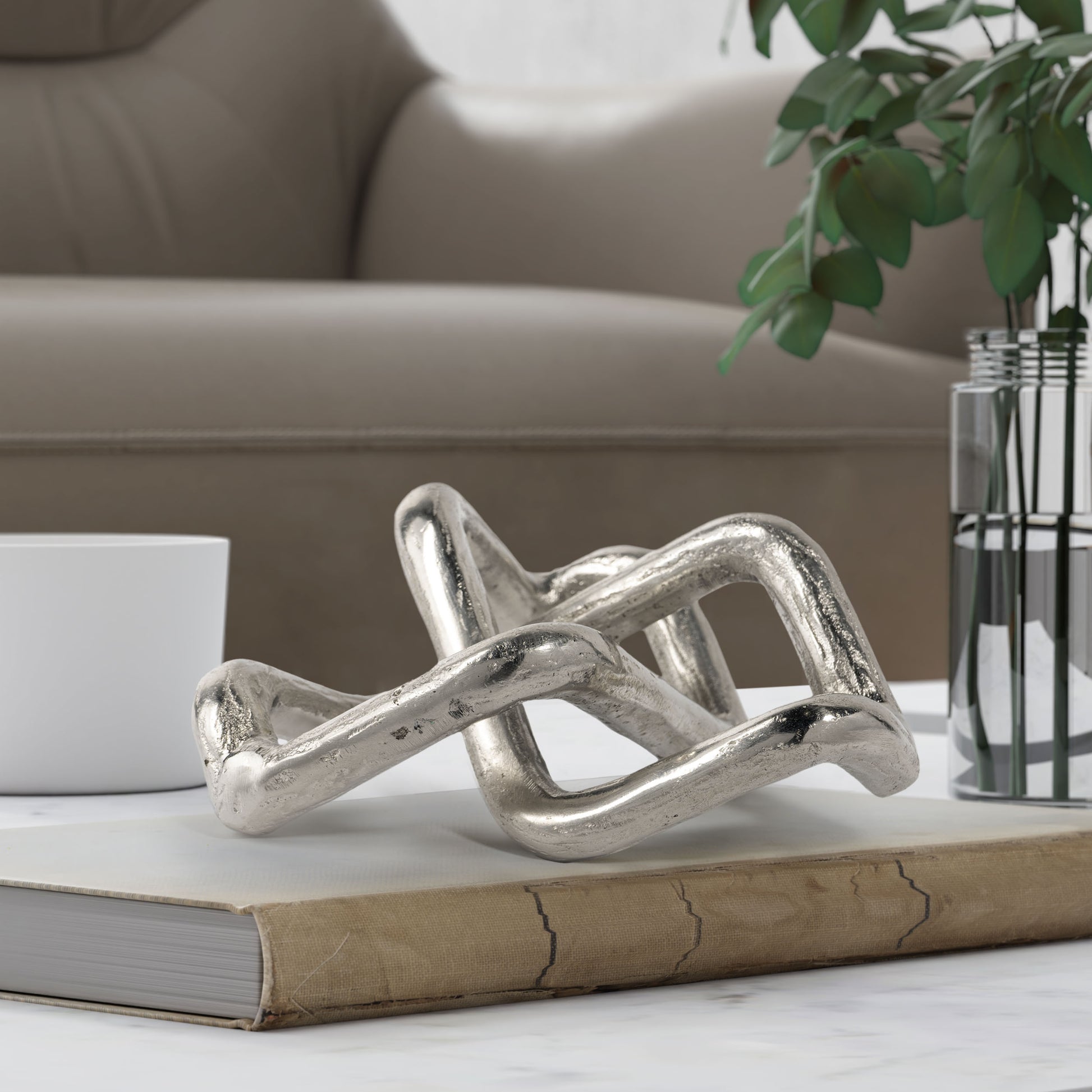7" Silver Aluminum Geometric Knot Tabletop Sculpture-Sculptures-DECOROLALA