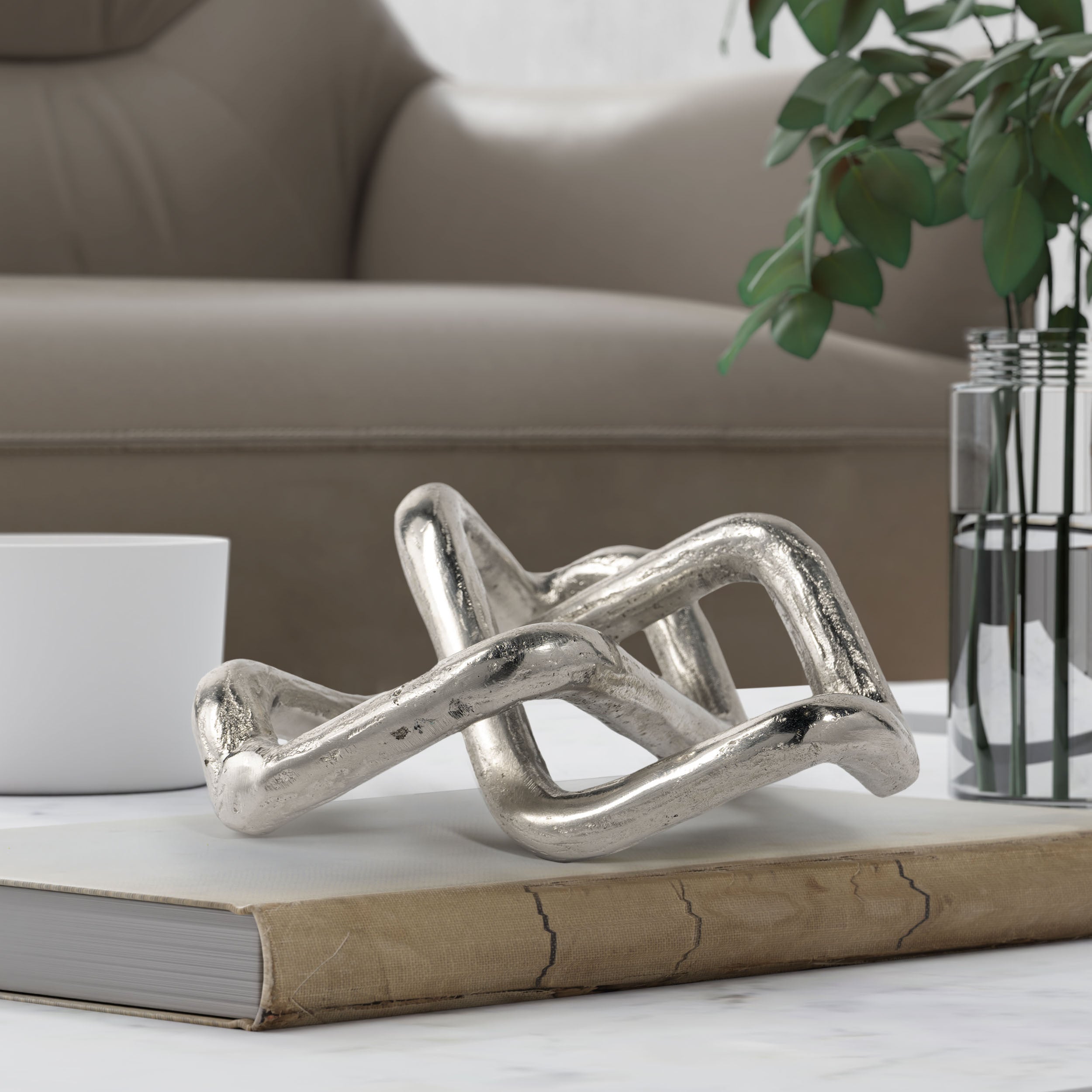 7" Silver Aluminum Geometric Knot Tabletop Sculpture-Sculptures-DECOROLALA