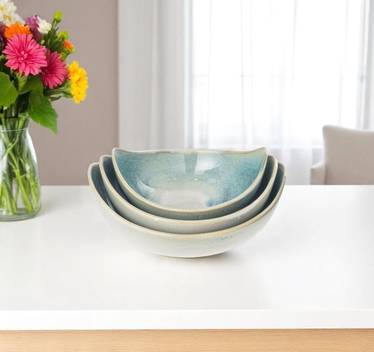 Set of Three Blue And White Ceramic Decorative Bowl-Sculptures-DECOROLALA