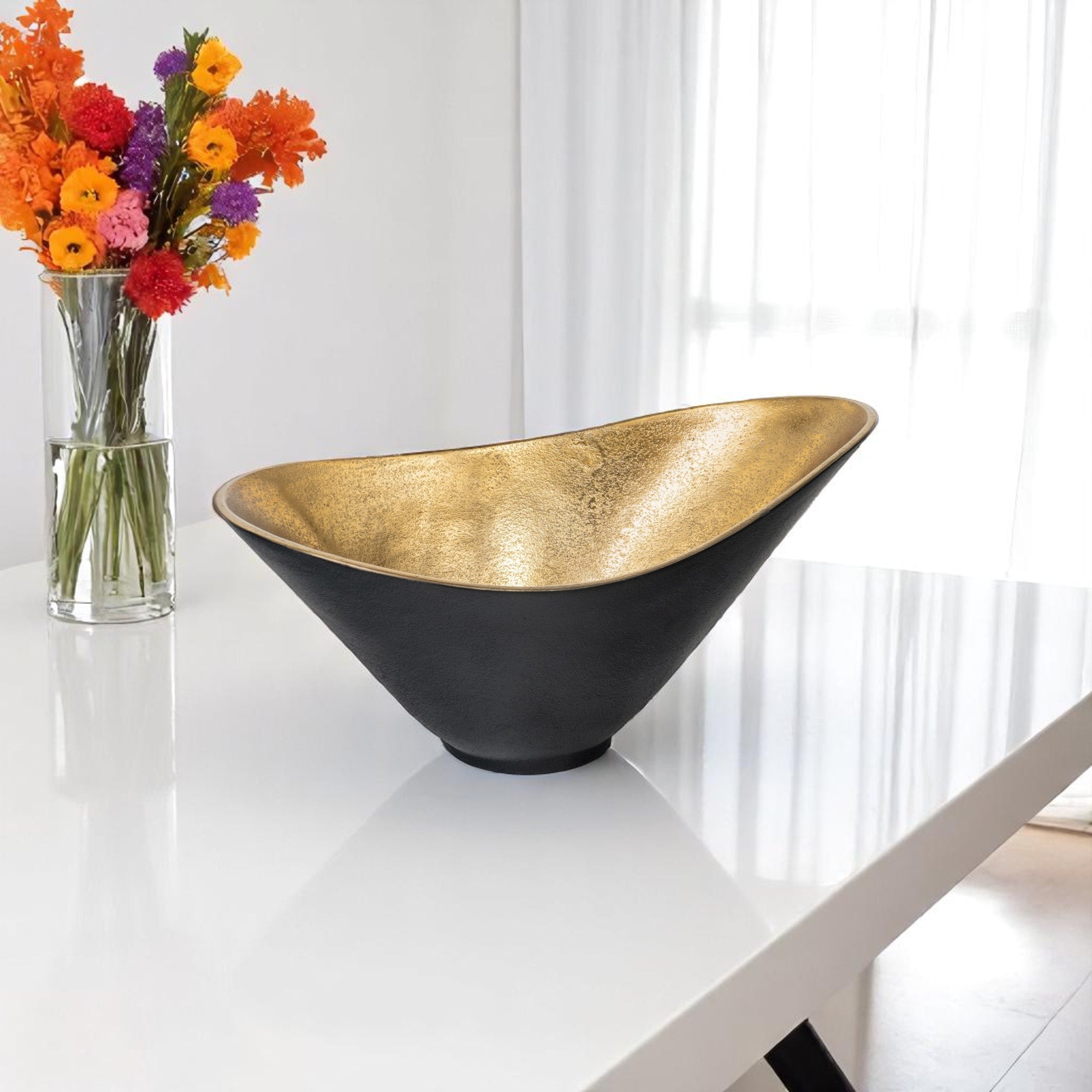 15" Black And Gold Aluminum Decorative Bowl-Sculptures-DECOROLALA