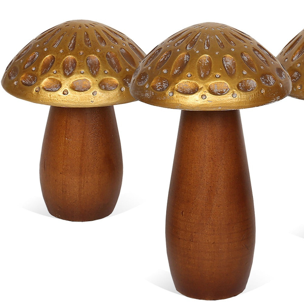 Set of Three Brown And Gold Wood Mushroom Tabletop Sculptures-Sculptures-DECOROLALA
