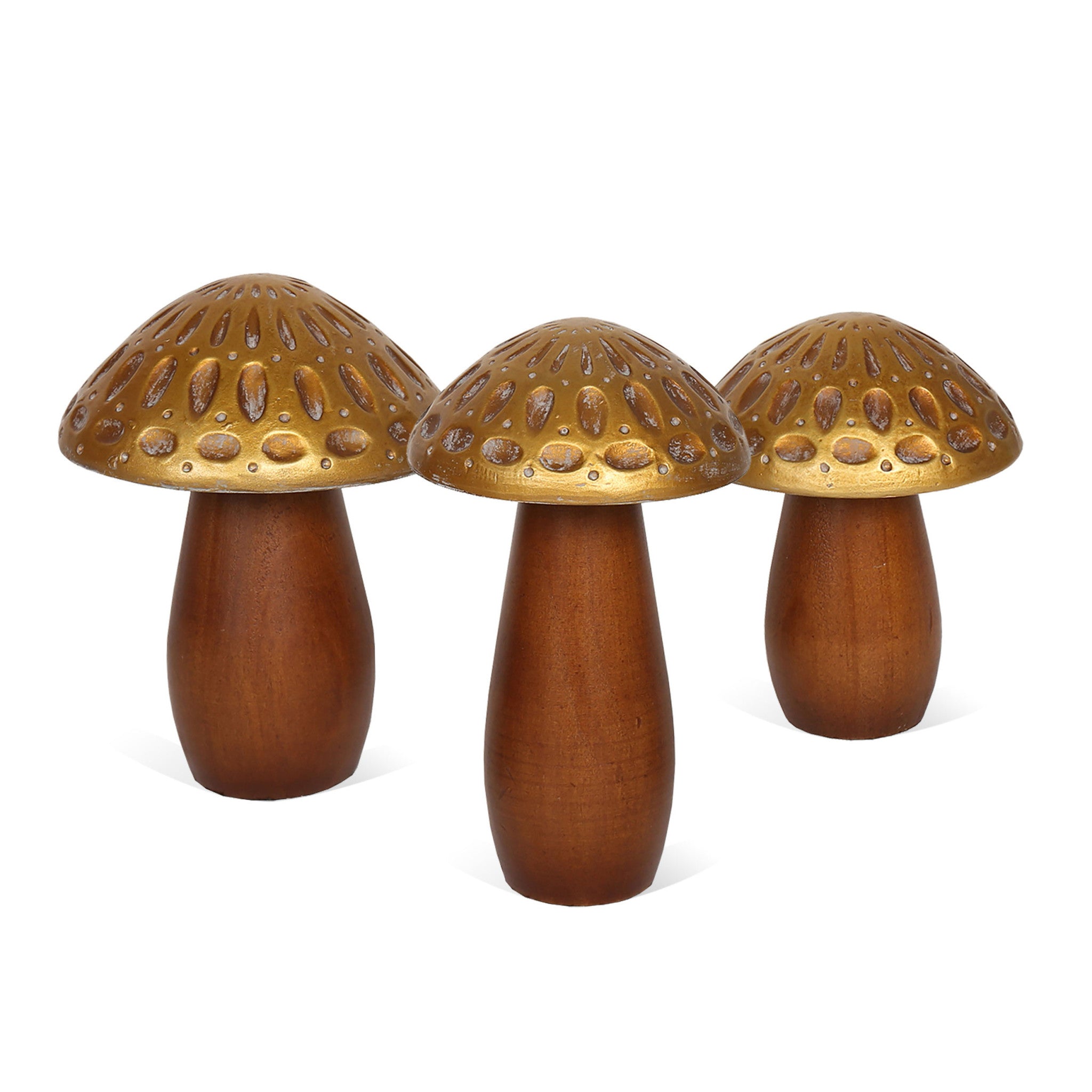 Set of Three Brown And Gold Wood Mushroom Tabletop Sculptures-Sculptures-DECOROLALA