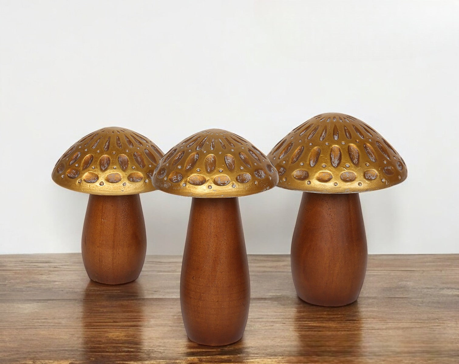 Set of Three Brown And Gold Wood Mushroom Tabletop Sculptures-Sculptures-DECOROLALA