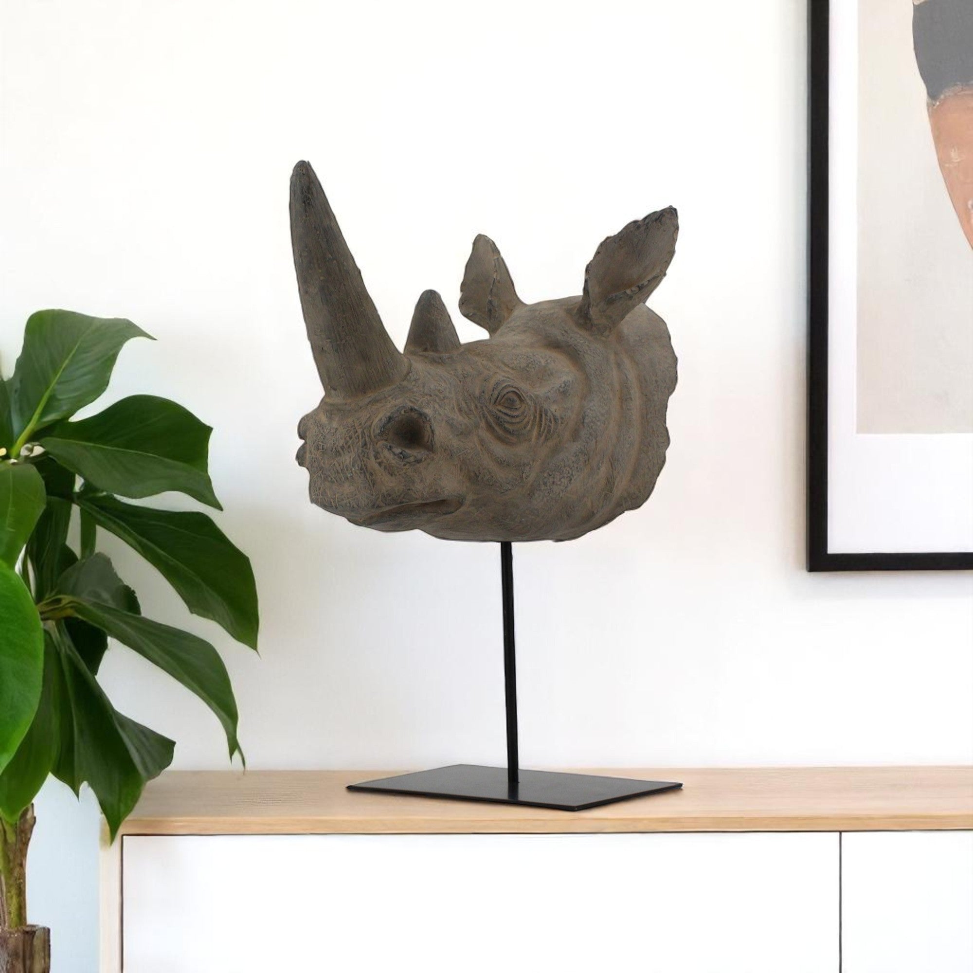 17" Brown Resin Rhinoceros Tabletop Sculpture-Sculptures-DECOROLALA