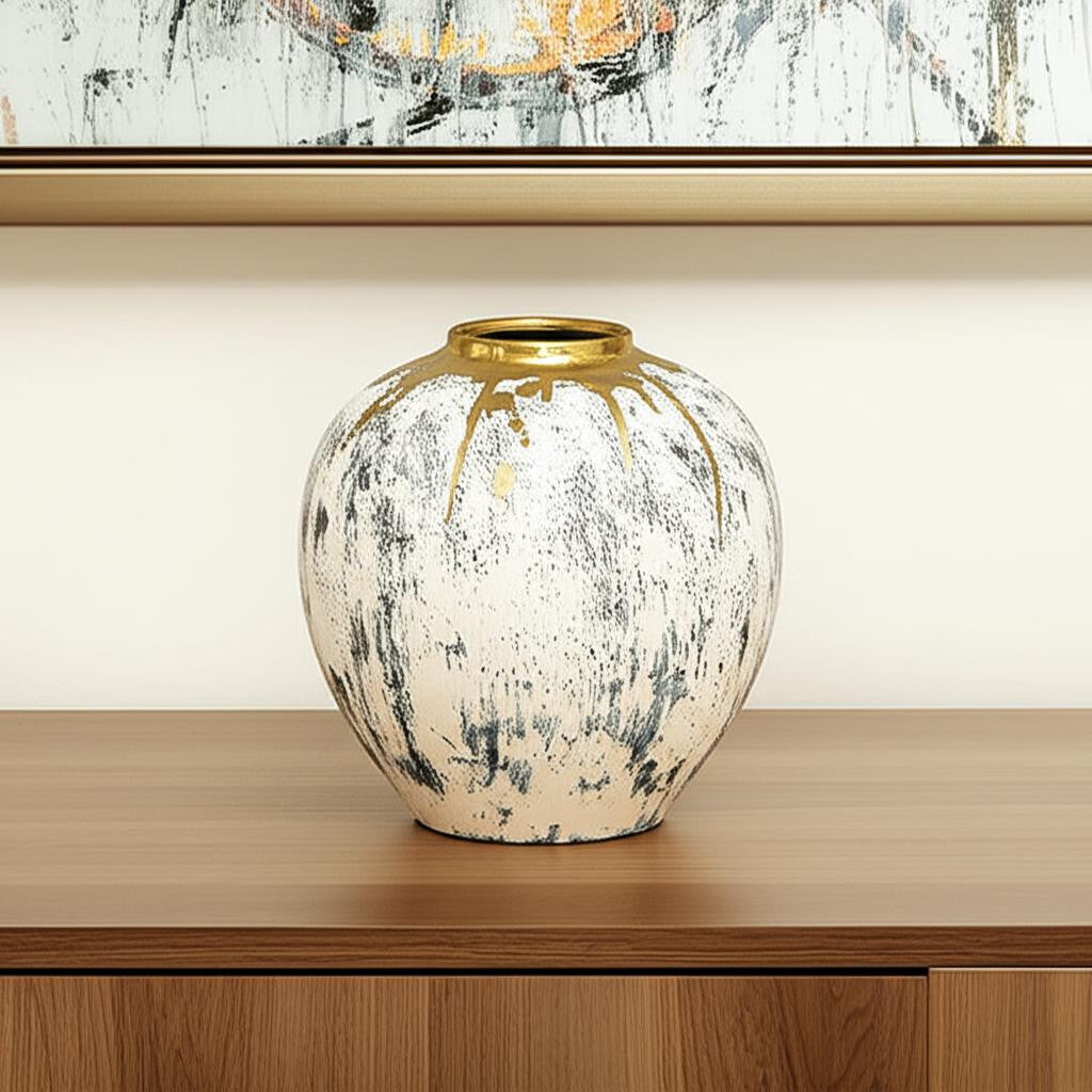 12" Gold Gray And Ivory Abstract Round Ceramic Table Vase-Vases-DECOROLALA