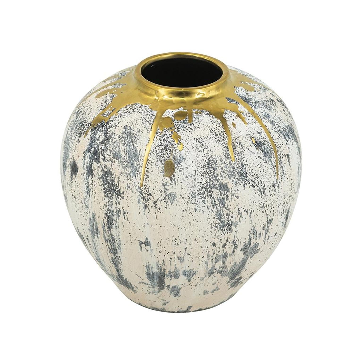 12" Gold Gray And Ivory Abstract Round Ceramic Table Vase-Vases-DECOROLALA