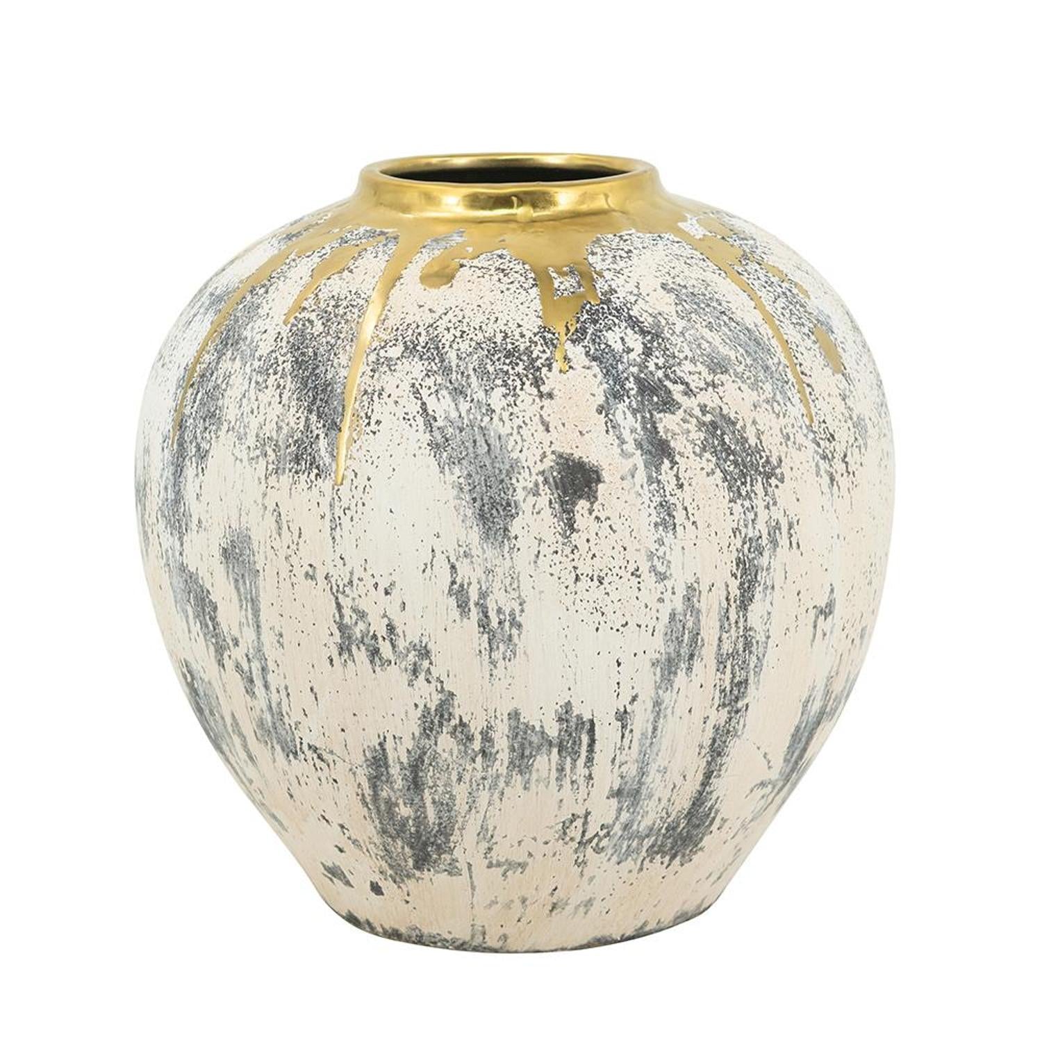 12" Gold Gray And Ivory Abstract Round Ceramic Table Vase-Vases-DECOROLALA