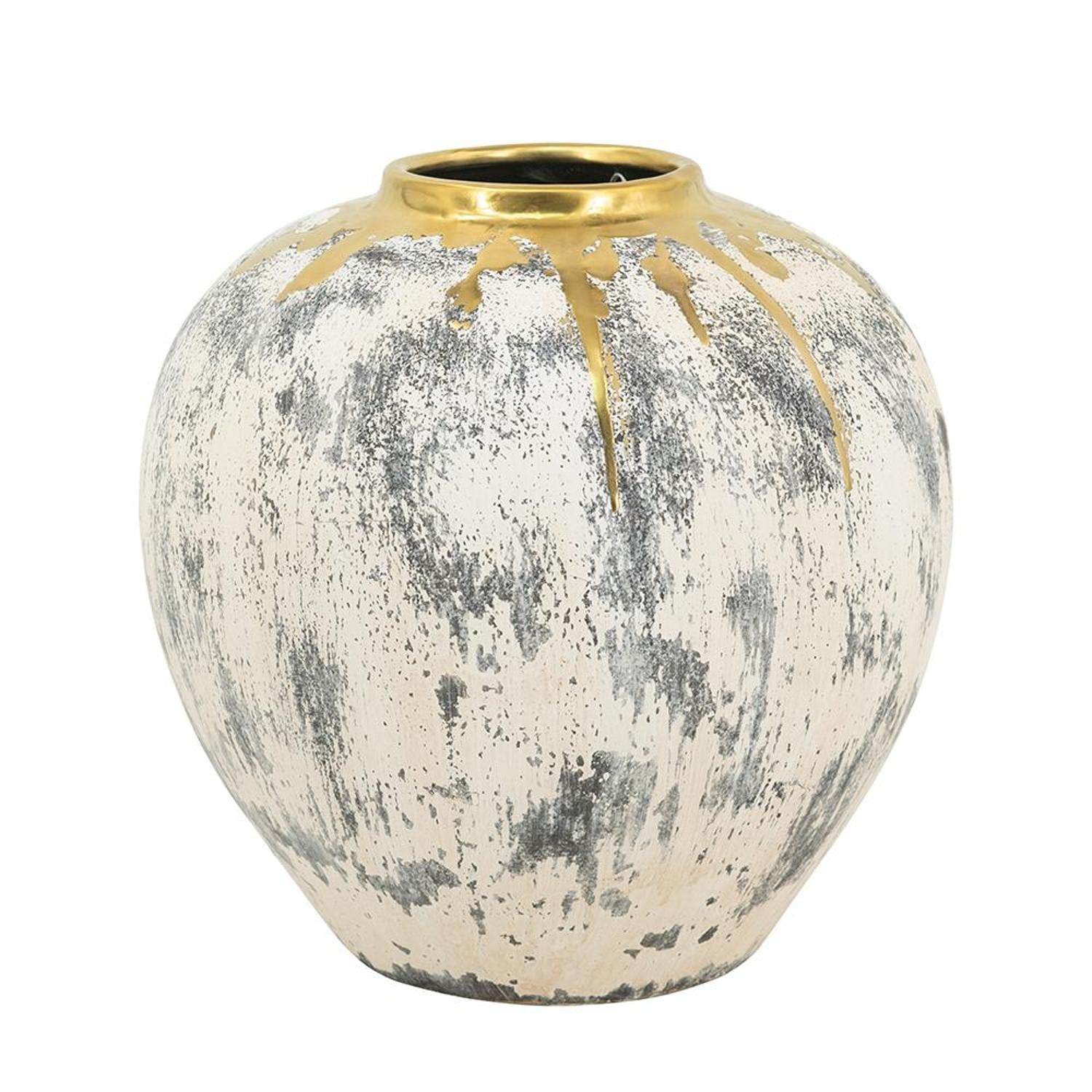 12" Gold Gray And Ivory Abstract Round Ceramic Table Vase-Vases-DECOROLALA
