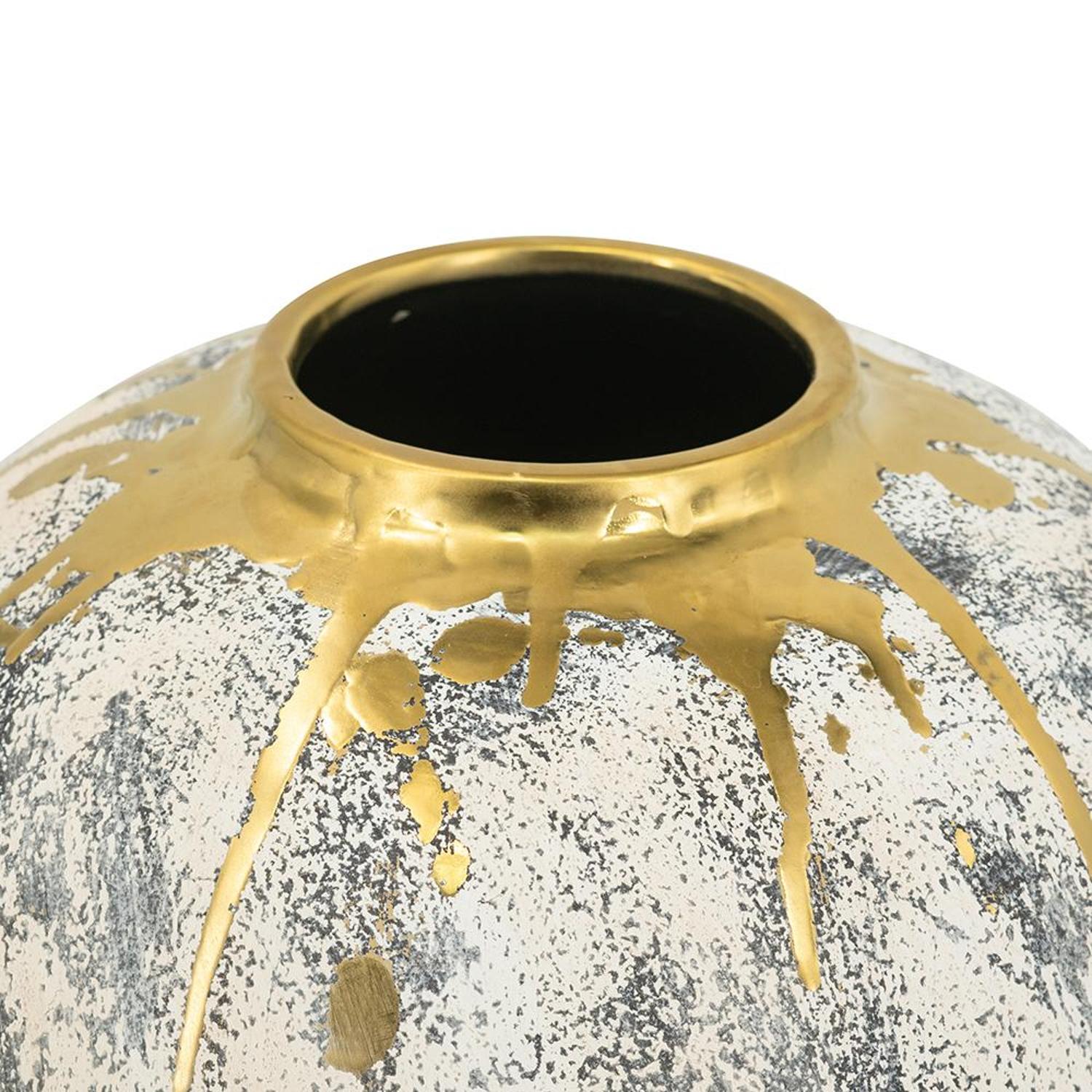 12" Gold Gray And Ivory Abstract Round Ceramic Table Vase-Vases-DECOROLALA