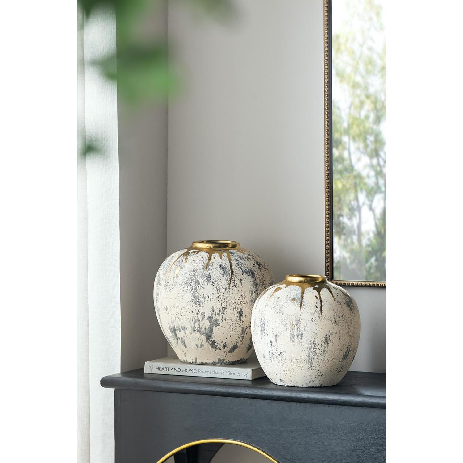 12" Gold Gray And Ivory Abstract Round Ceramic Table Vase-Vases-DECOROLALA