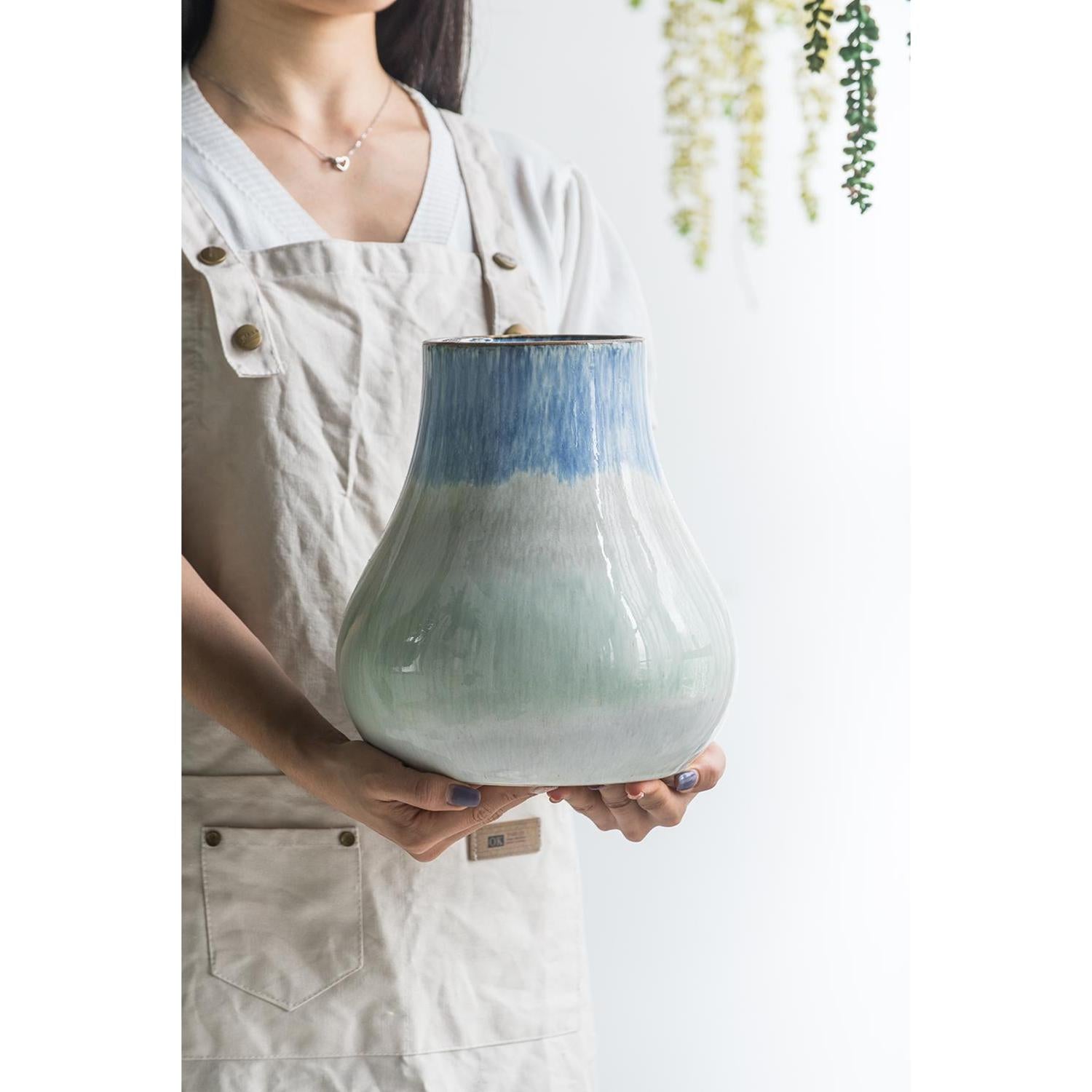 10" Blue Green Sand And Gray Ombre Round Ceramic Table Vase-Vases-DECOROLALA