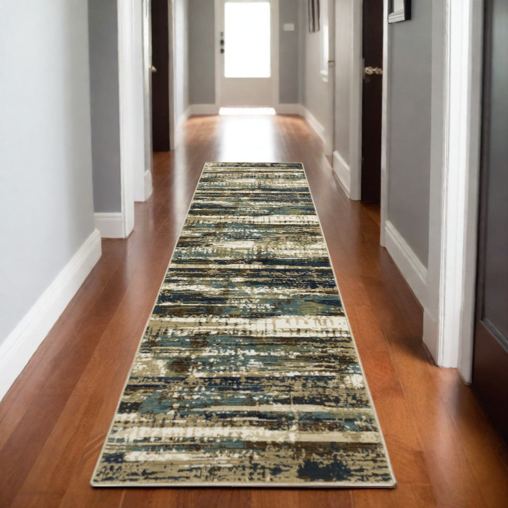 8' Beige And Blue Abstract Runner Rug-0