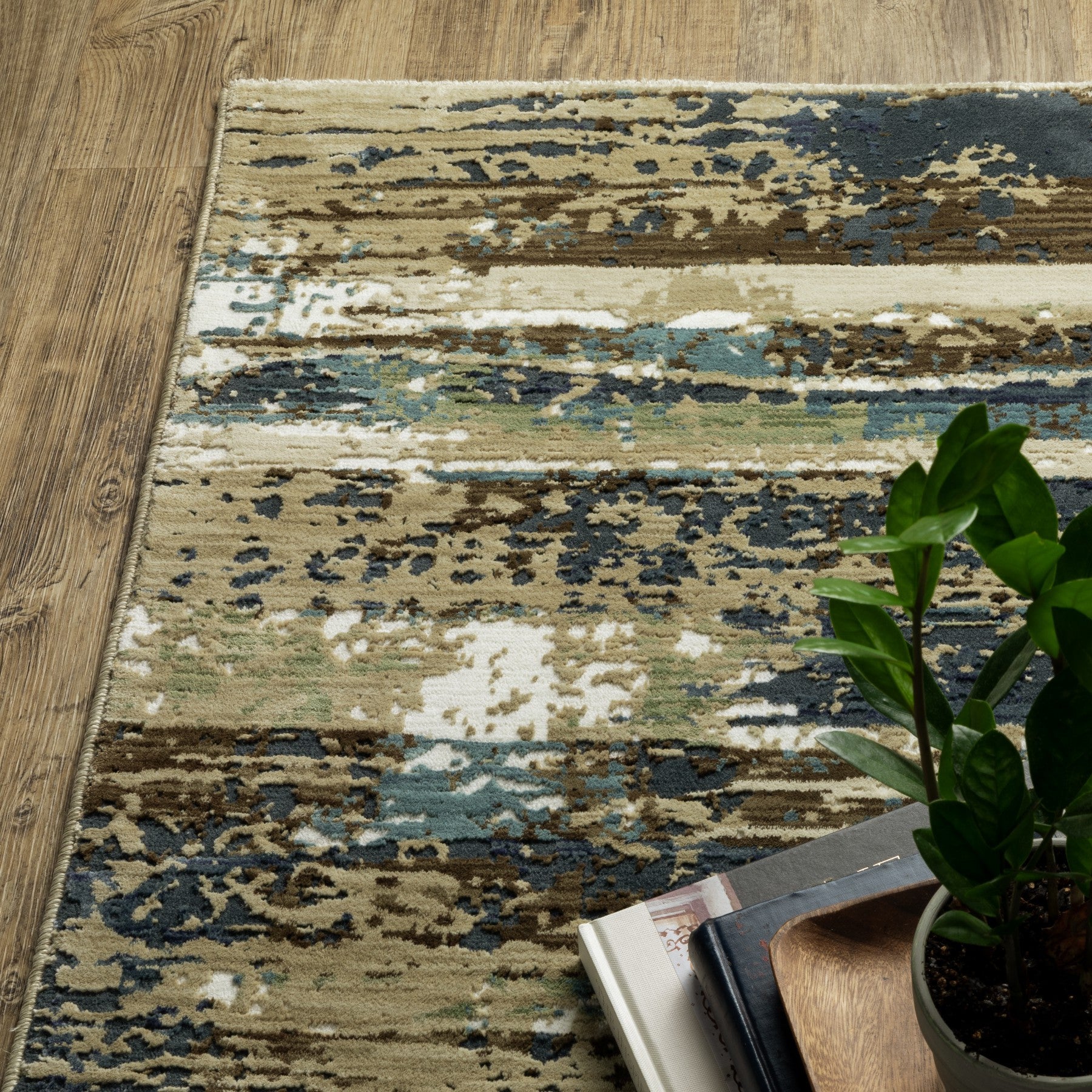 8' Beige And Blue Abstract Runner Rug-4