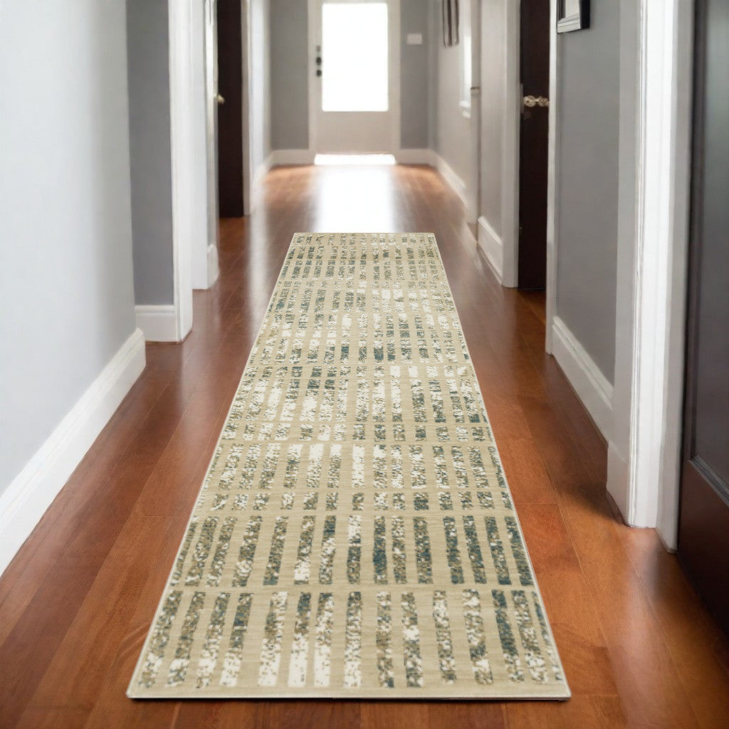8' Beige And Blue Geometric Runner Rug-0