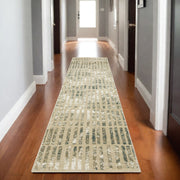 8' Beige And Blue Geometric Runner Rug-0