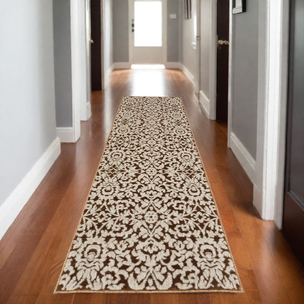 8' Rust And Beige Oriental Runner Rug-0