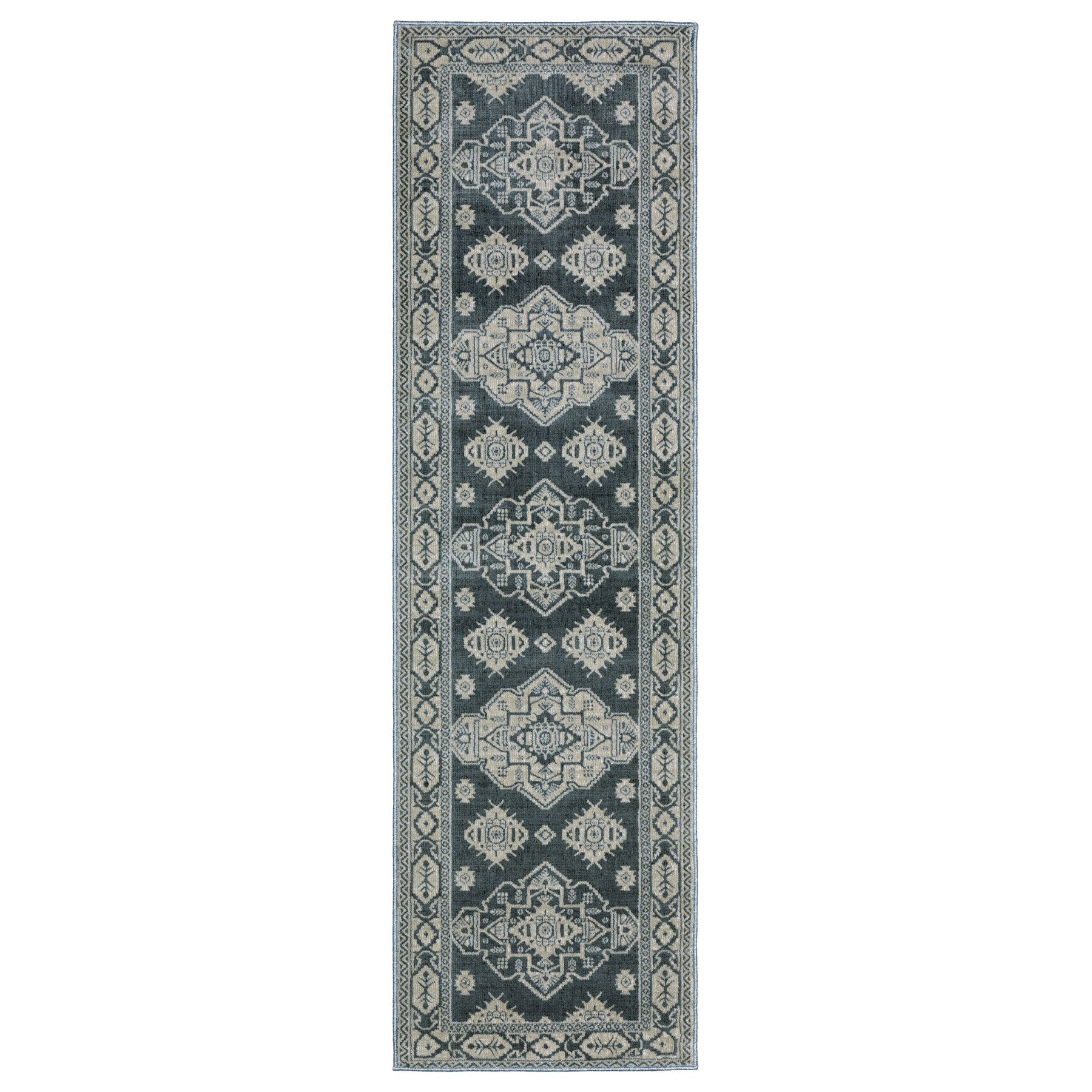 8' Blue And Gray Medallion Runner Rug-1