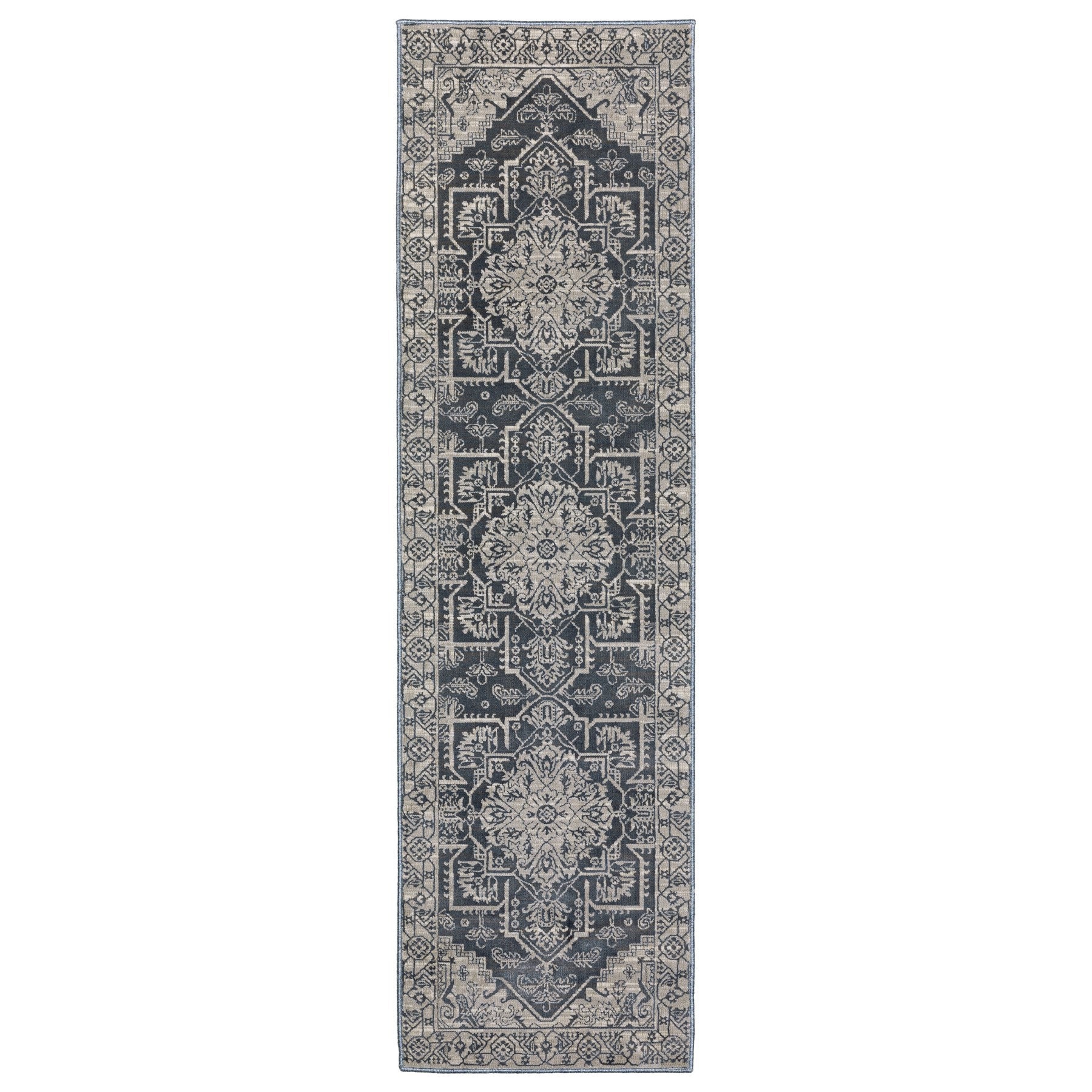 8' Blue And Gray Medallion Runner Rug-1