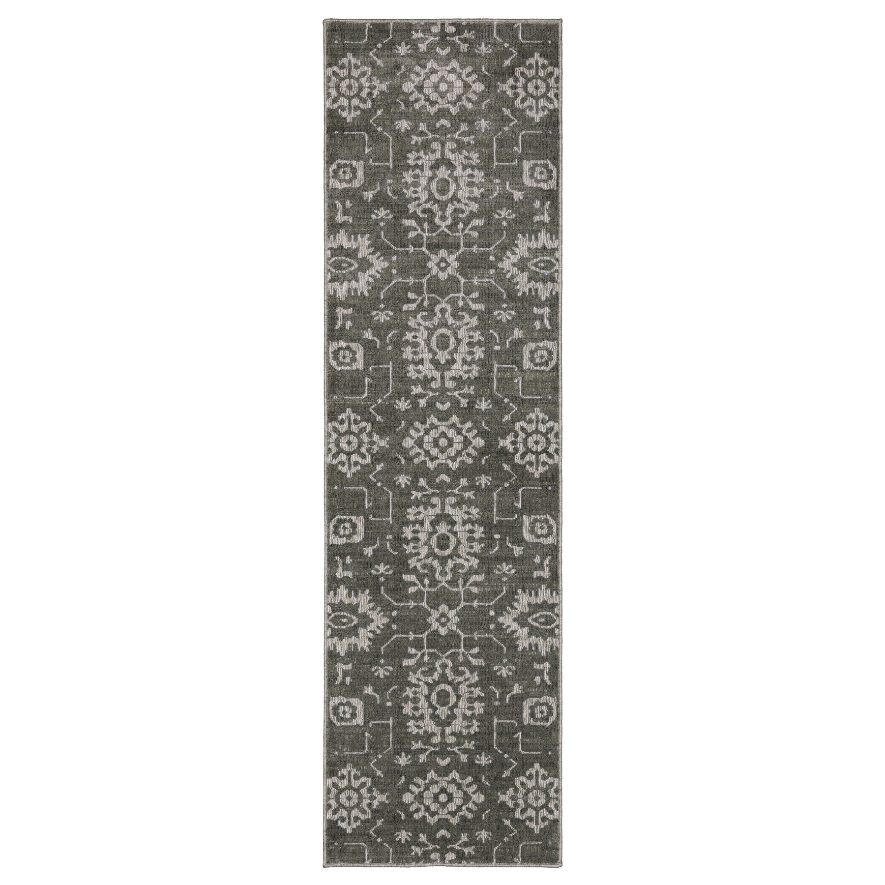 8' Gray And Ivory Oriental Runner Rug-1