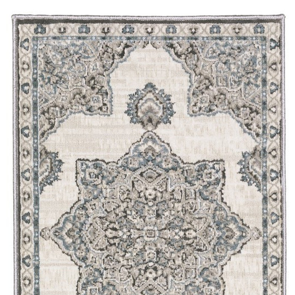 8' Gray And Blue Medallion Runner Rug-6