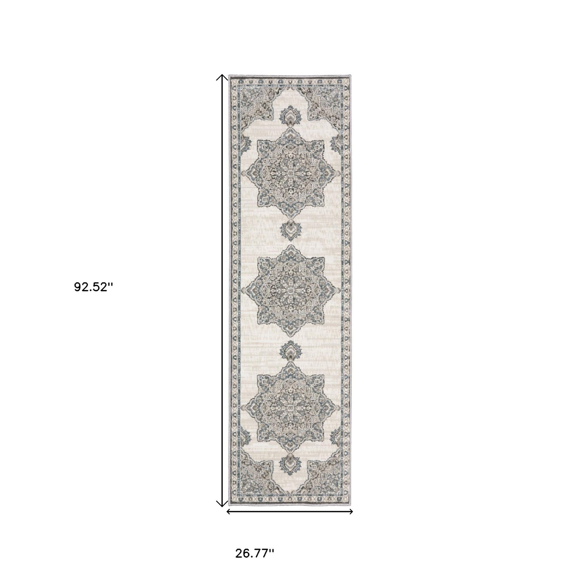 8' Gray And Blue Medallion Runner Rug-2