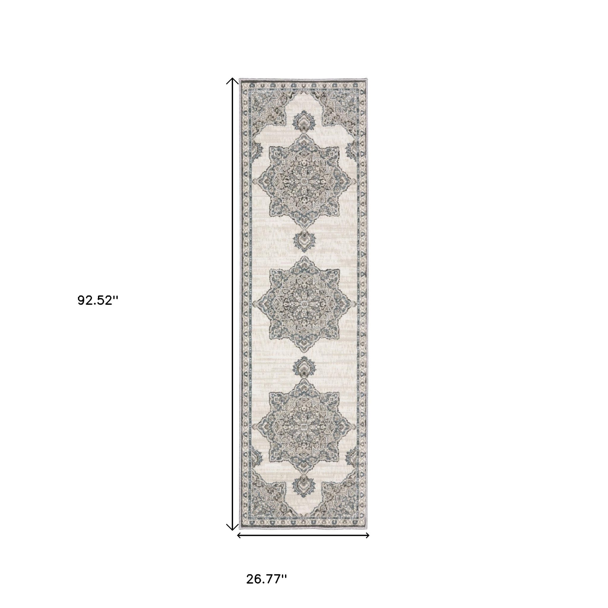 8' Gray And Blue Medallion Runner Rug-2