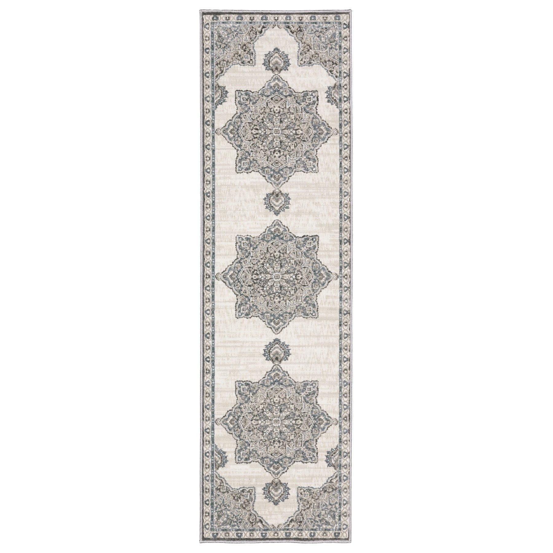 8' Gray And Blue Medallion Runner Rug-1