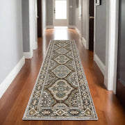 8' Blue And Gray Medallion Runner Rug-0