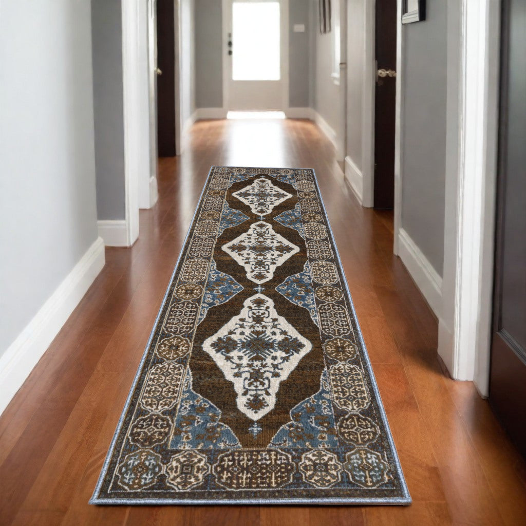 8' Blue And Green Medallion Runner Rug-0