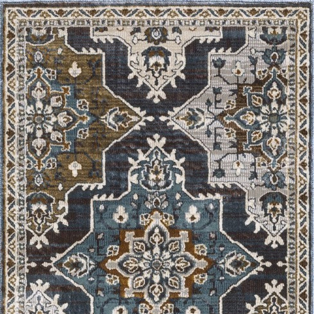 8' Gray And Blue Medallion Runner Rug-6
