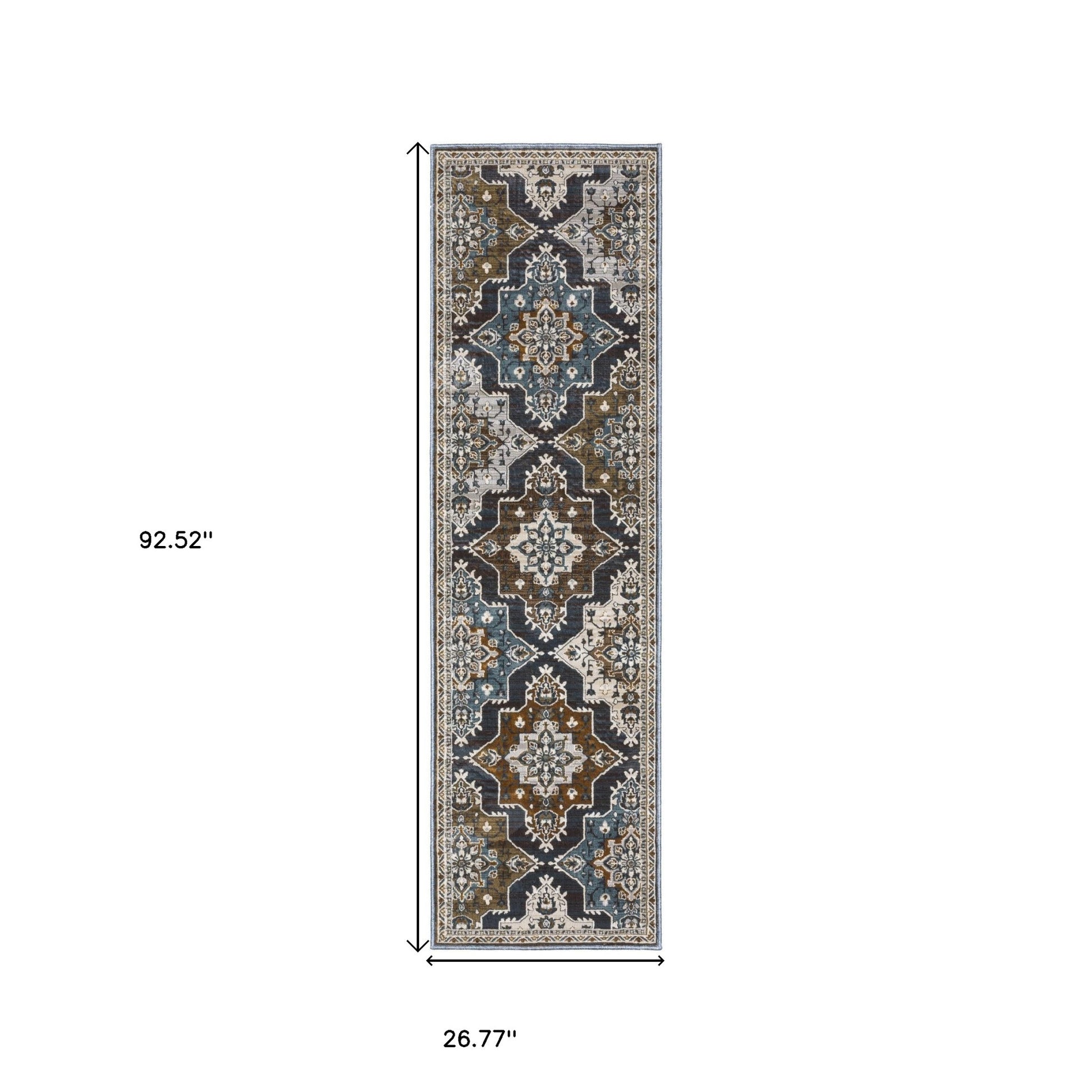8' Gray And Blue Medallion Runner Rug-2