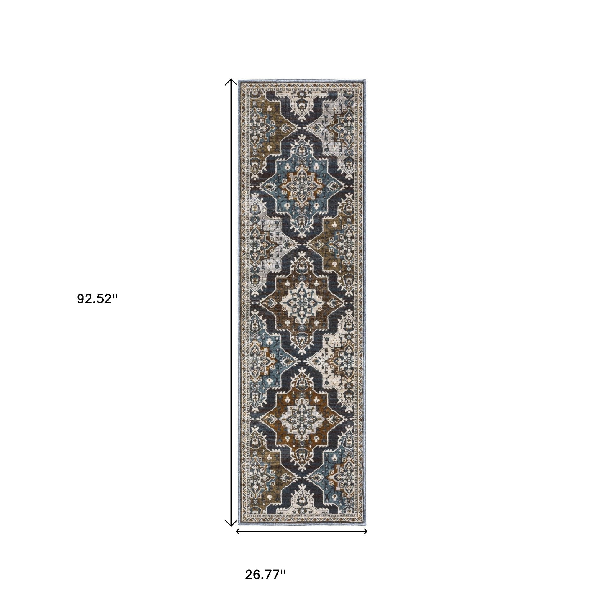 8' Gray And Blue Medallion Runner Rug-2