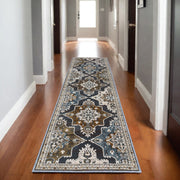 8' Gray And Blue Medallion Runner Rug-0