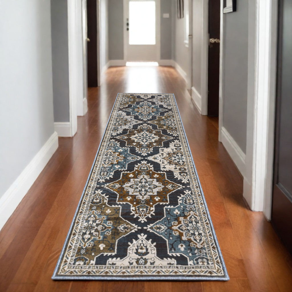 8' Gray And Blue Medallion Runner Rug-0