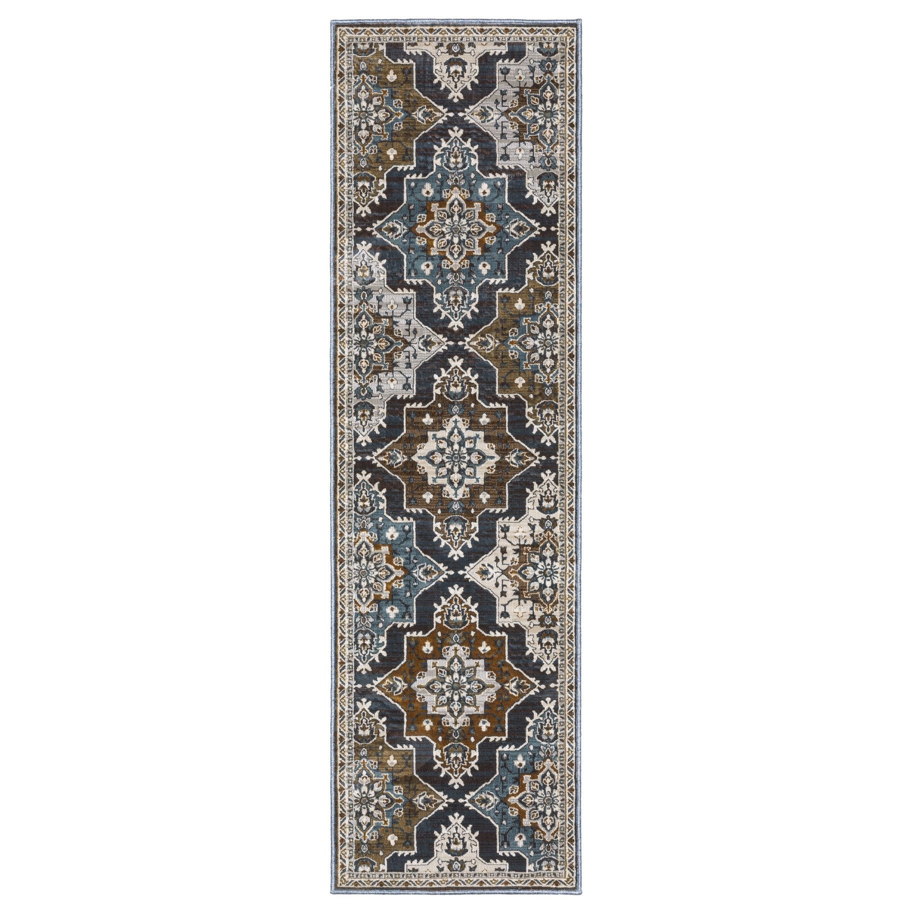 8' Gray And Blue Medallion Runner Rug-1