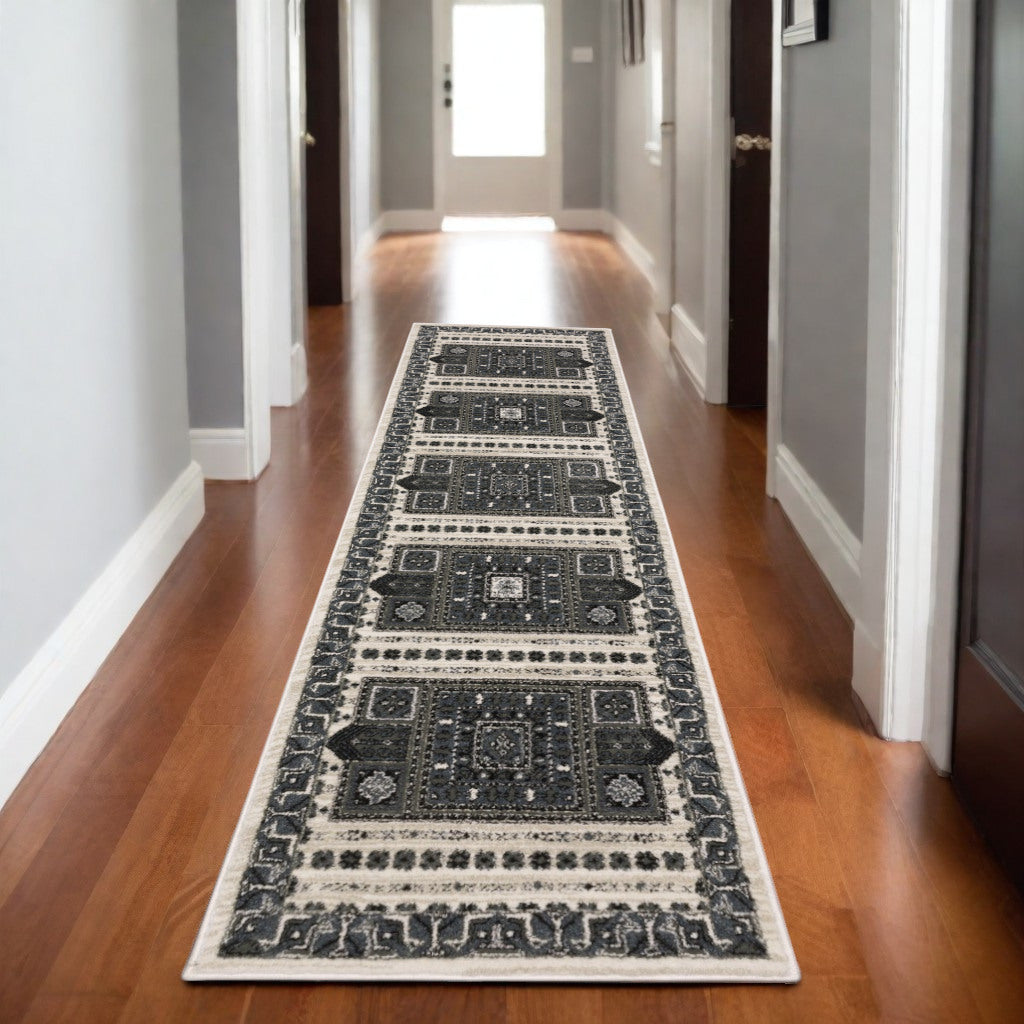 8' Gray And Blue Medallion Runner Rug-0