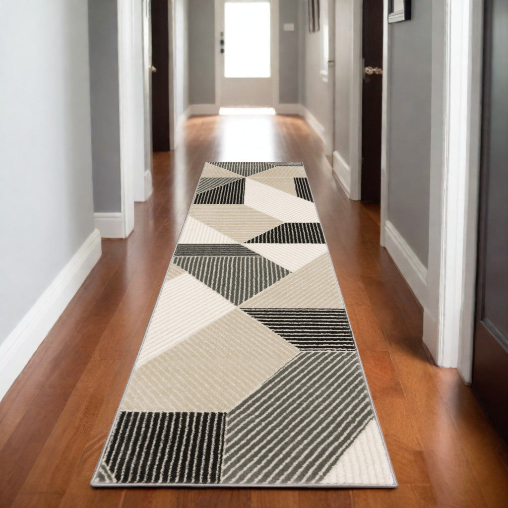 8' Ivory And Black Geometric Runner Rug-0