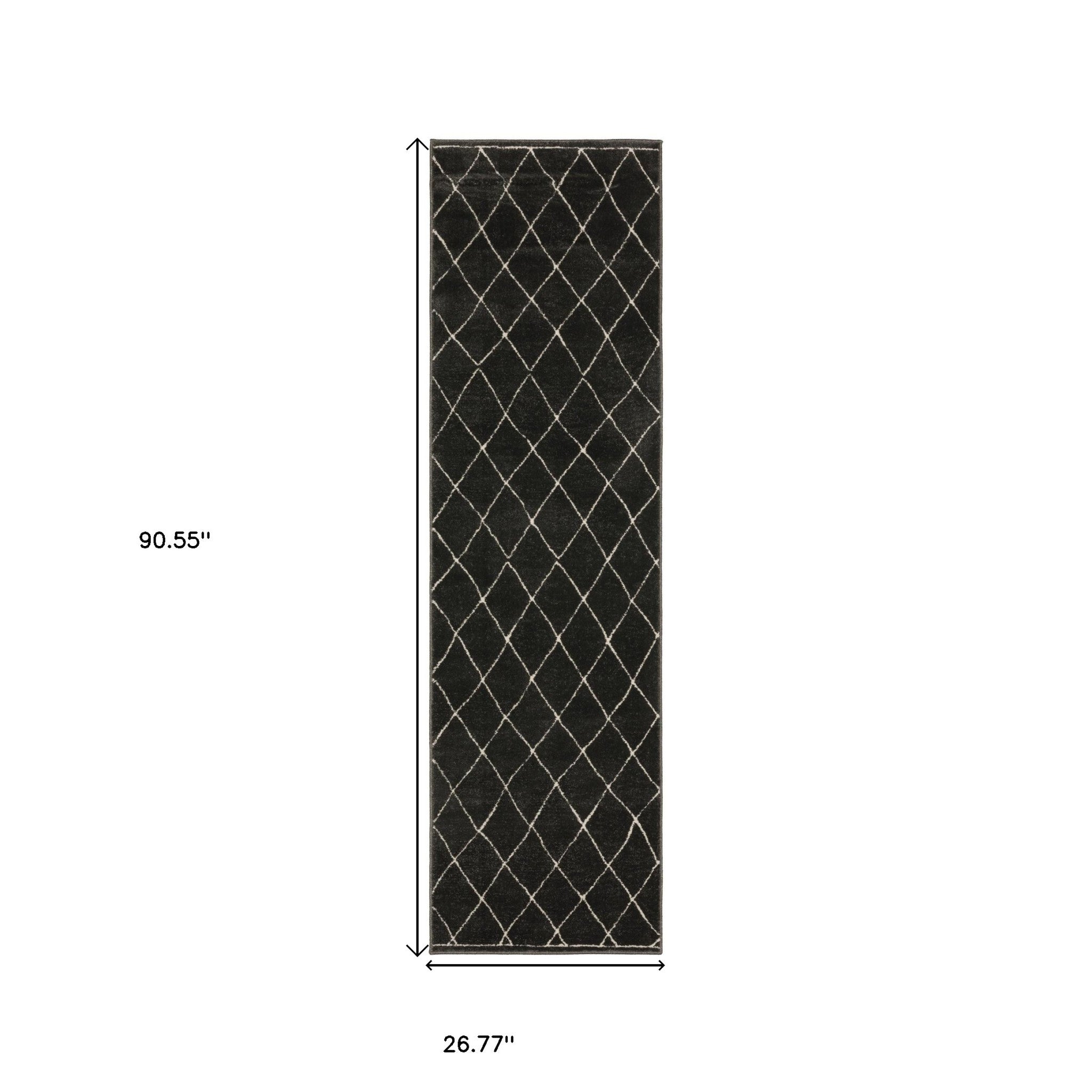 8' Charcoal And Ivory Trellis Runner Rug-2