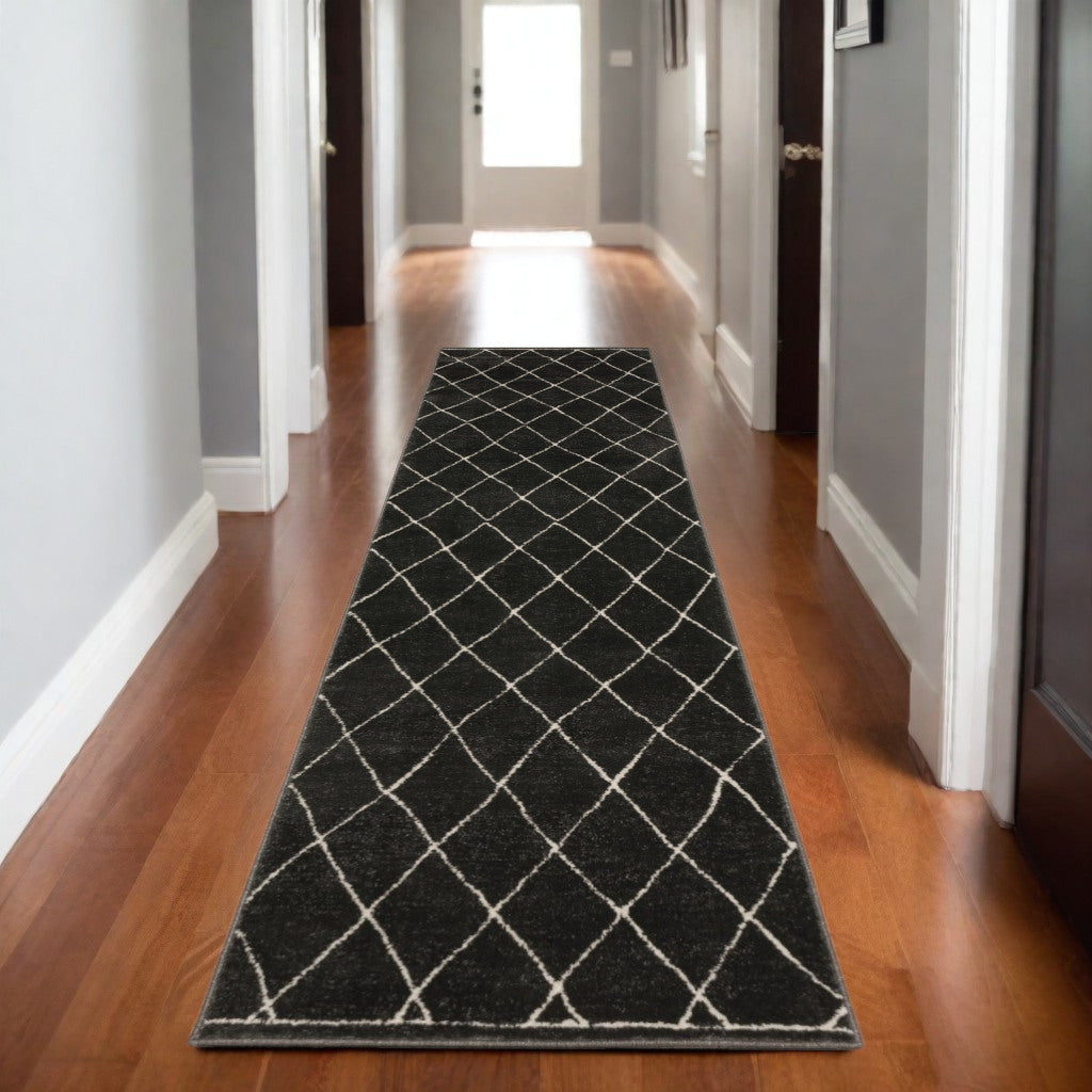 8' Charcoal And Ivory Trellis Runner Rug-0