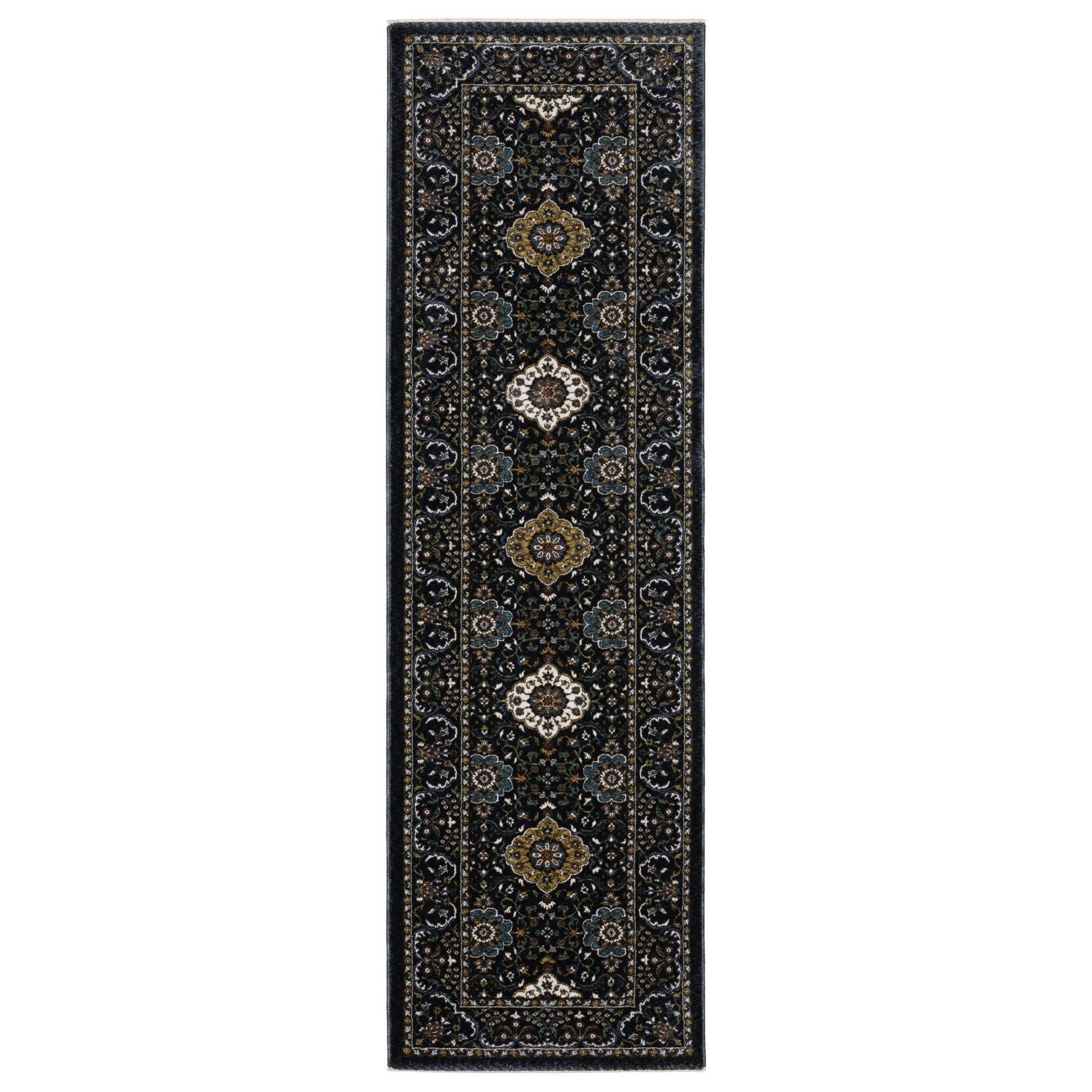 8' Gold Medallion Runner Rug With Fringe-1
