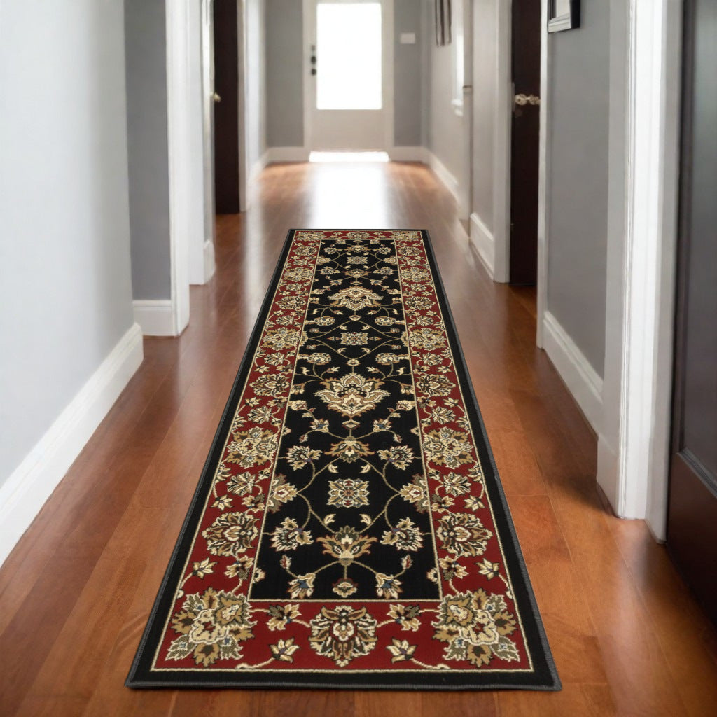 8' Black And Red Floral Runner Rug-0
