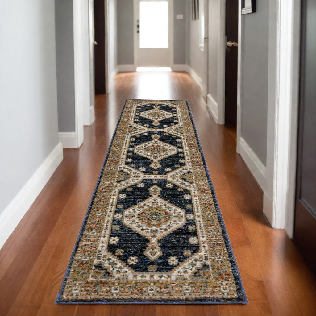 8' Blue And Orange Medallion Runner Rug-0
