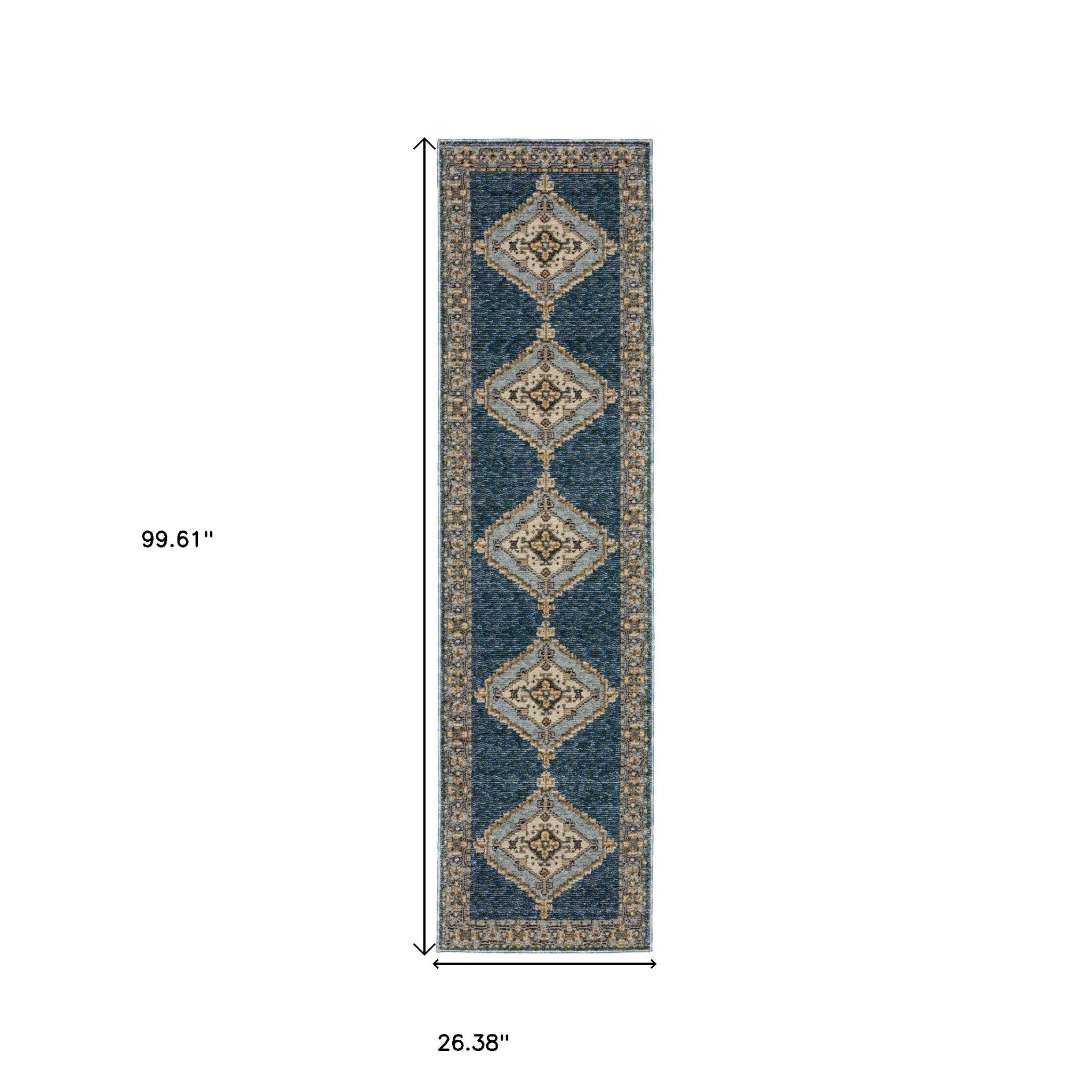 8' Blue And Gold Medallion Runner Rug-2