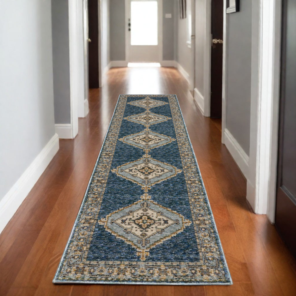 8' Blue And Gold Medallion Runner Rug-0