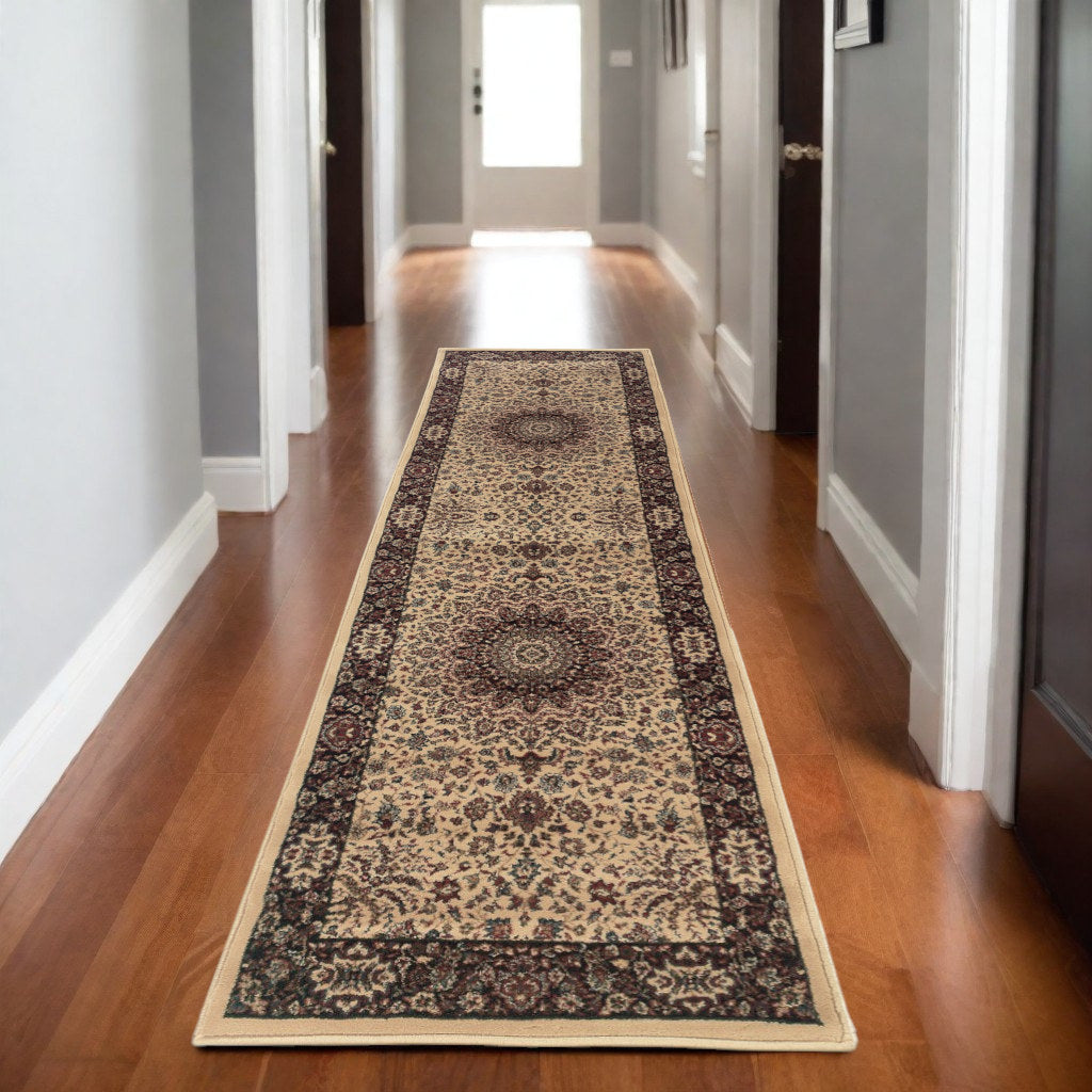 9' Ivory And Black Oriental Runner Rug-0