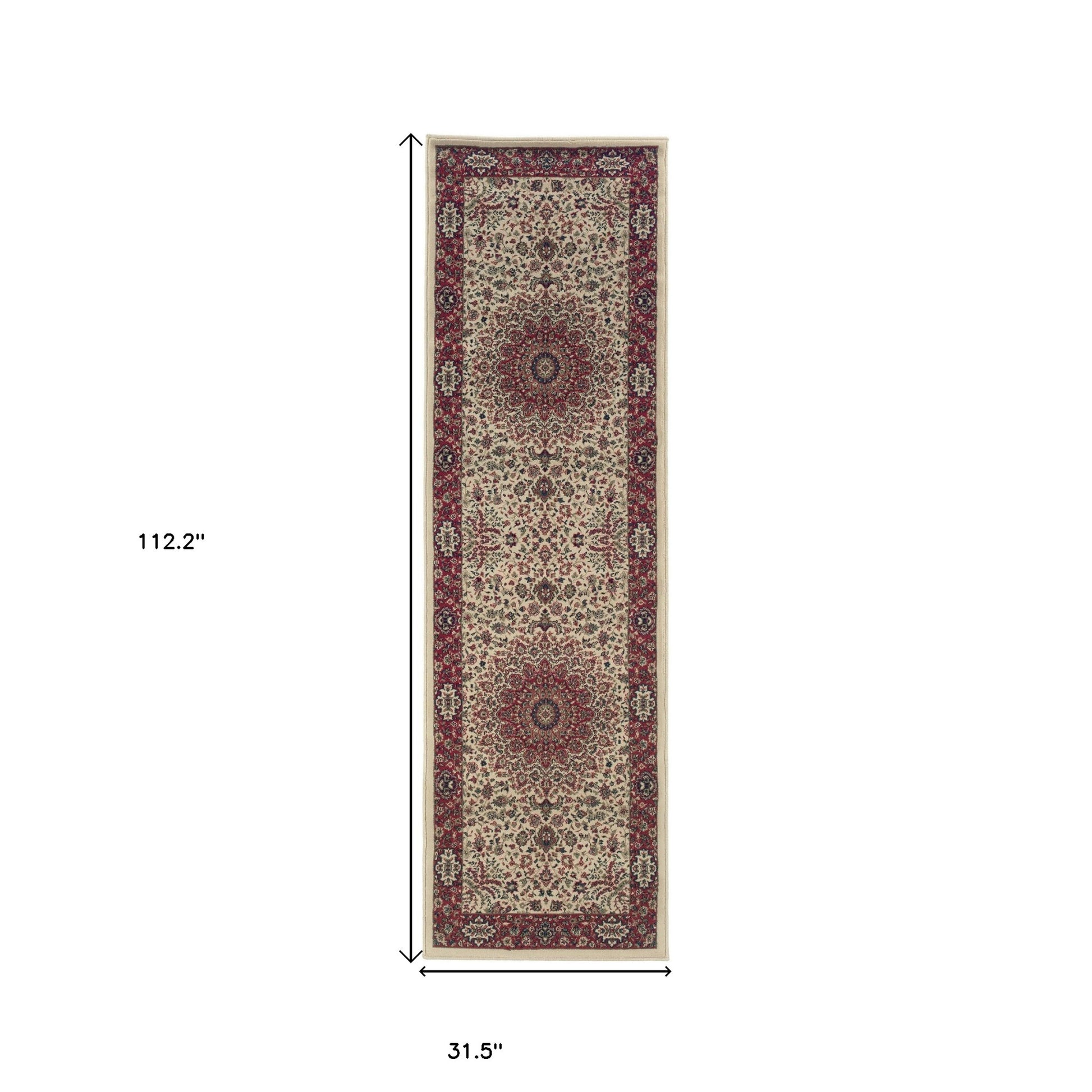 9' Ivory And Red Oriental Runner Rug-2