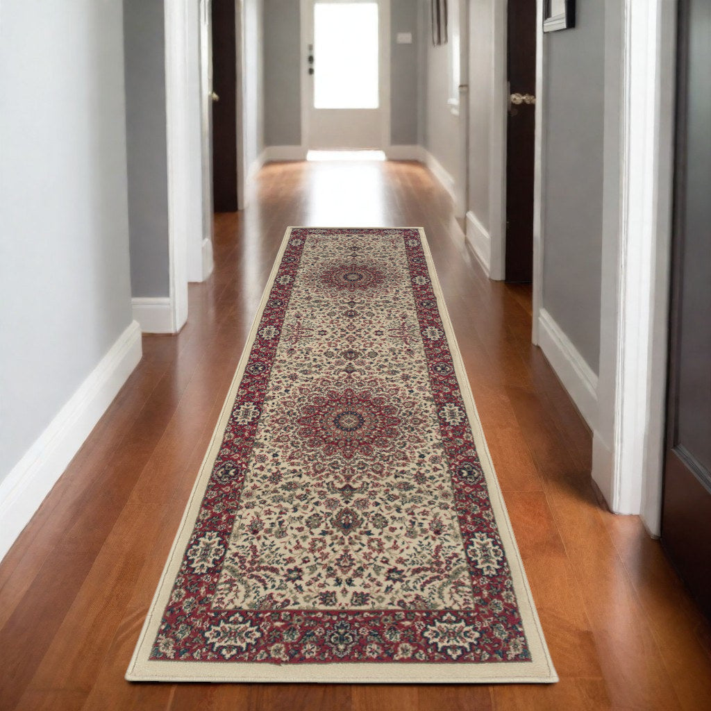 9' Ivory And Red Oriental Runner Rug-0