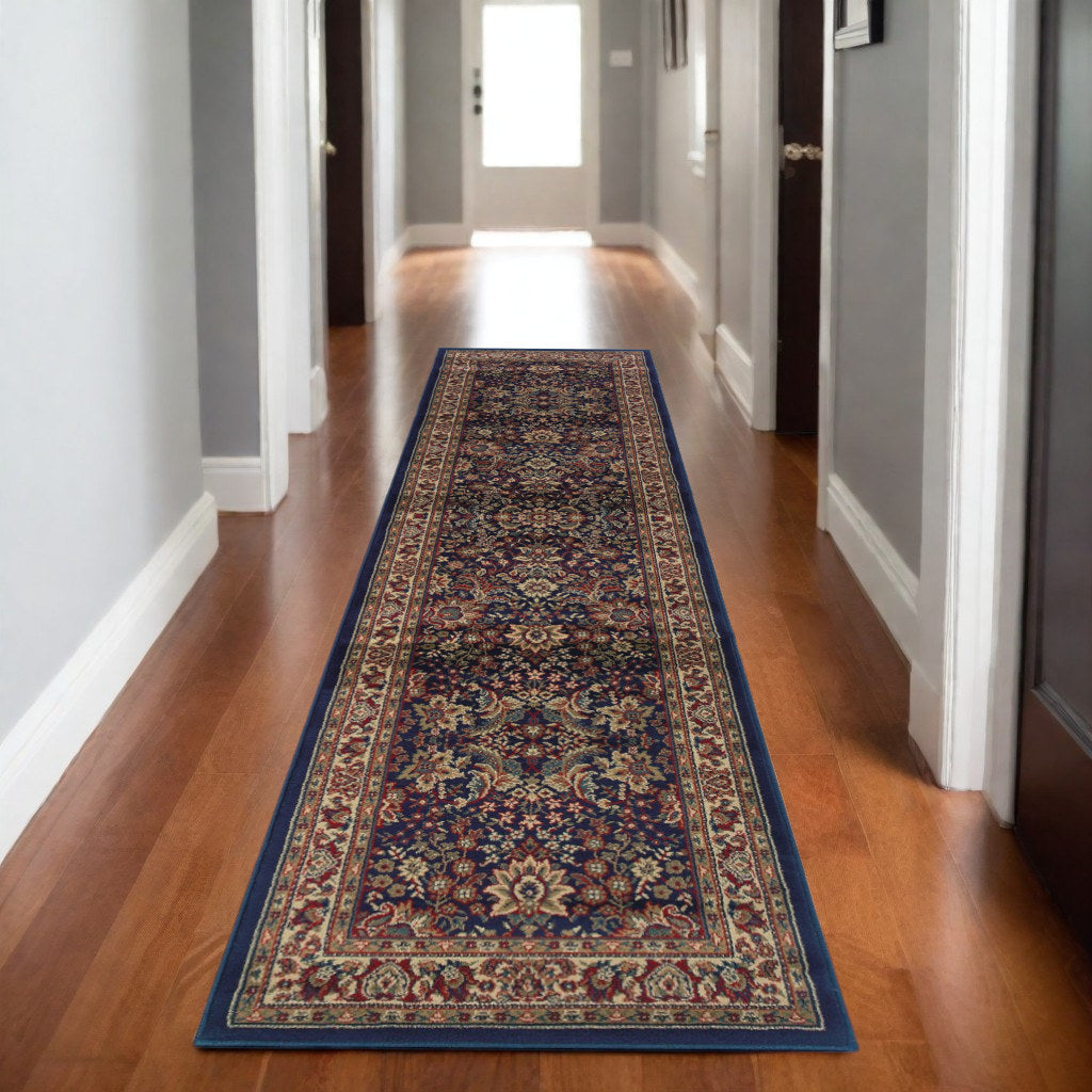 9' Blue And Red Oriental Runner Rug-0