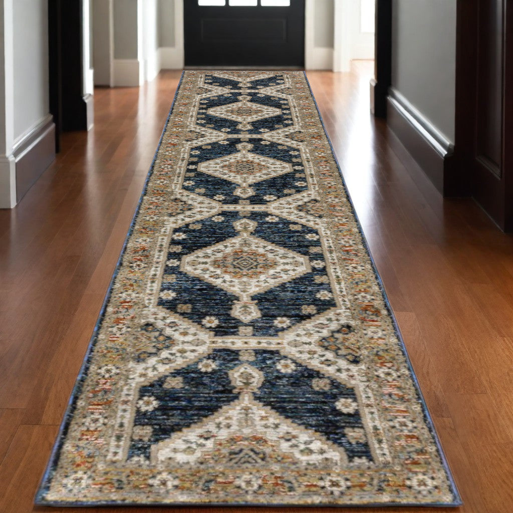 12' Blue And Orange Medallion Runner Rug-0